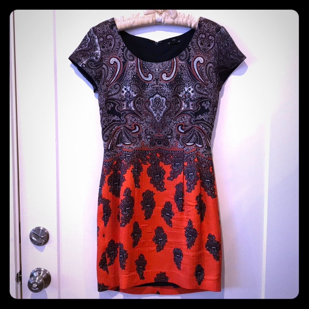 Club Monaco orange and blue print dress, size 2.